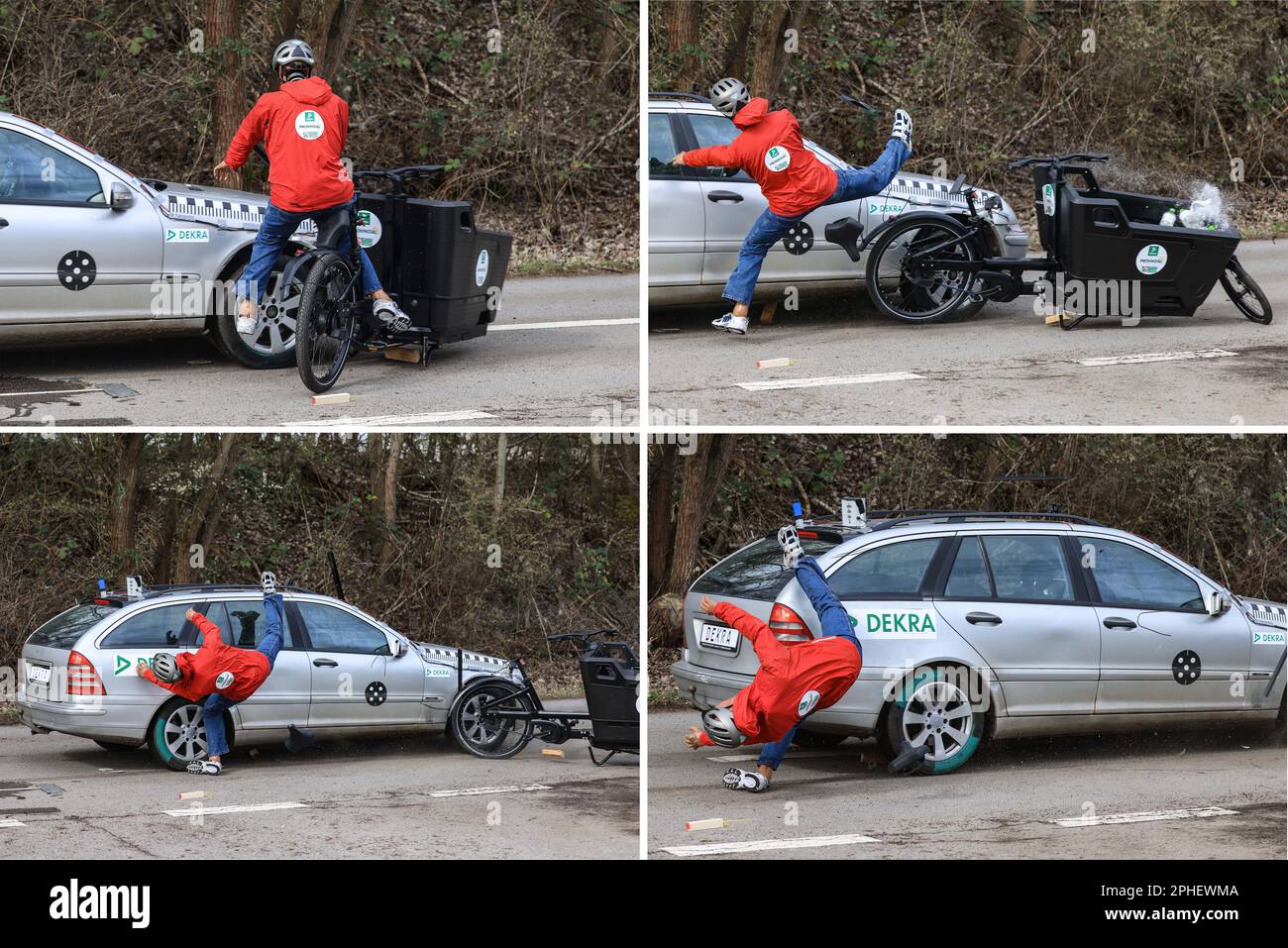 Essen, Germania. 28th Mar, 2023. L'immagine combinata mostra un crash test che simula la collisione di un'auto con una bicicletta da carico. Al momento della presentazione di una campagna per un uso responsabile delle biciclette da carico, il Landesverkehrswacht ha dimostrato i pericoli mediante crash test. Credit: Oliver Berg/dpa/Alamy Live News Foto Stock