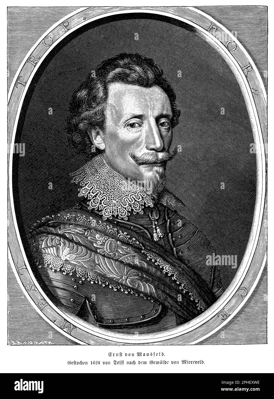 Ernst von Mansfeld (1580-1626) fu un comandante militare tedesco e uno dei leader protestanti di maggior successo durante le prime fasi della guerra dei trent'anni. Combatté per la causa protestante in Boemia, Austria e Germania, e le sue truppe erano note per la loro brutalità e saccheggio. Mansfeld era anche un negoziatore esperto ed era in grado di garantire finanziamenti e sostegno ai suoi eserciti da varie fonti, tra cui la Repubblica olandese e l'Inghilterra. Morì nel 1626 durante l'assedio di Mantova in Italia Foto Stock