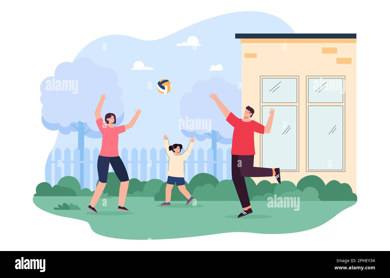 Famiglia giocare a pallavolo all'aperto piatto vettore illustrazione Illustrazione Vettoriale