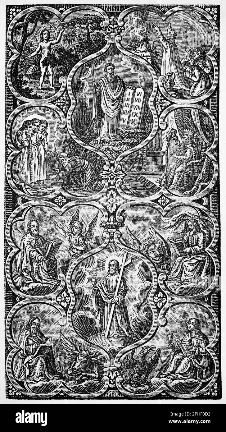 Illustrazione introduttiva con scene diverse dalla vita di Gesù Cristo, Bibbia storica 1831, illustrazione Foto Stock