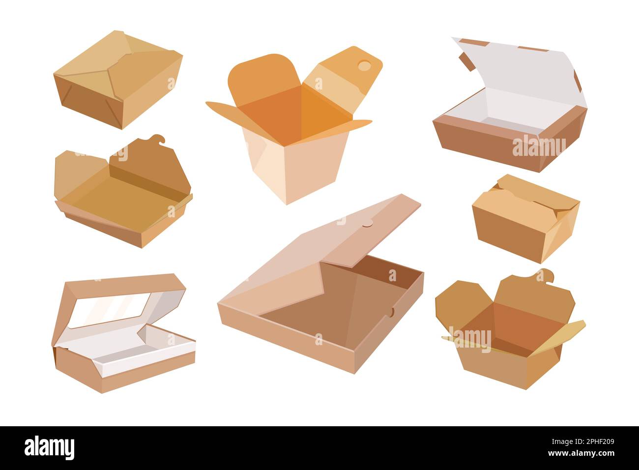 Scatole di cartone per set di illustrazioni vettoriali per fast food Illustrazione Vettoriale
