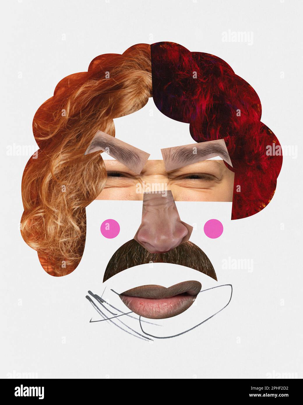 Grimacing. Il volto umano è costituito da diverse parti umane di vario genere ed età. Caricature art. Collage d'arte contemporanea. Progettazione concettuale astratta. Foto Stock