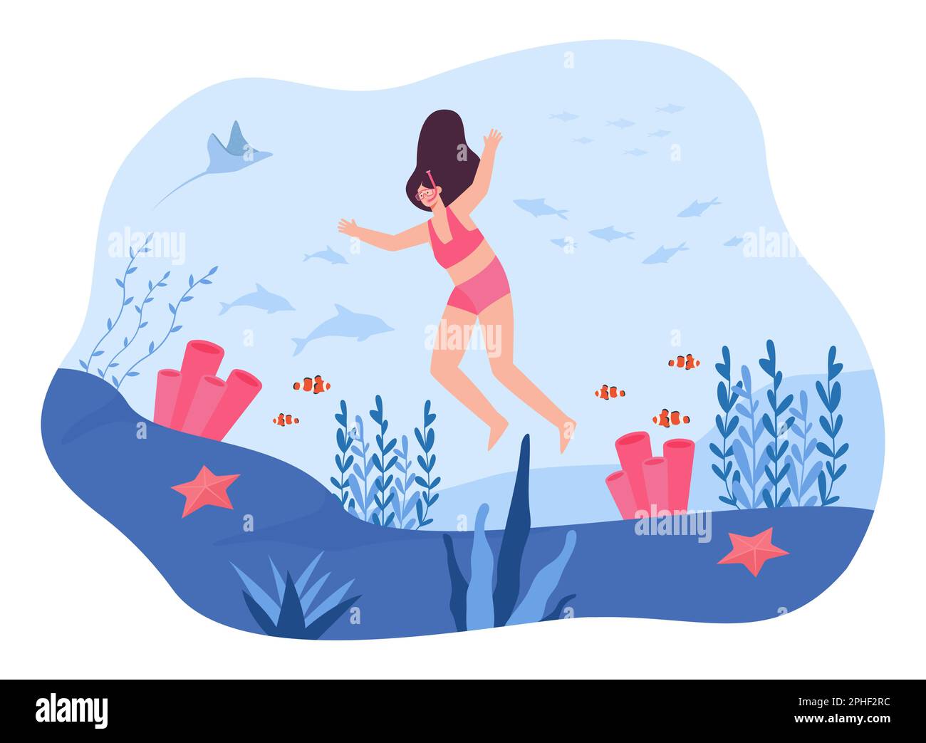 Ragazza in costume da bagno che salta in mare piatto vettore illustrazione Illustrazione Vettoriale