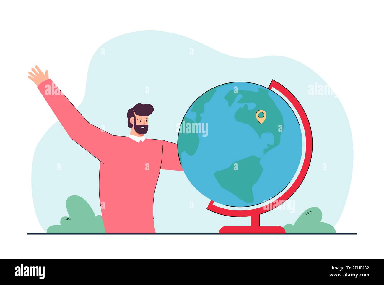 Insegnante o lavoratore vicino al globo con pin di posizione Illustrazione Vettoriale
