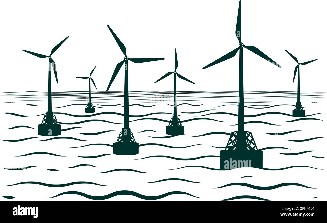 Energia generatore turbine eoliche marine. Illustrazione del vettore piatto Illustrazione Vettoriale