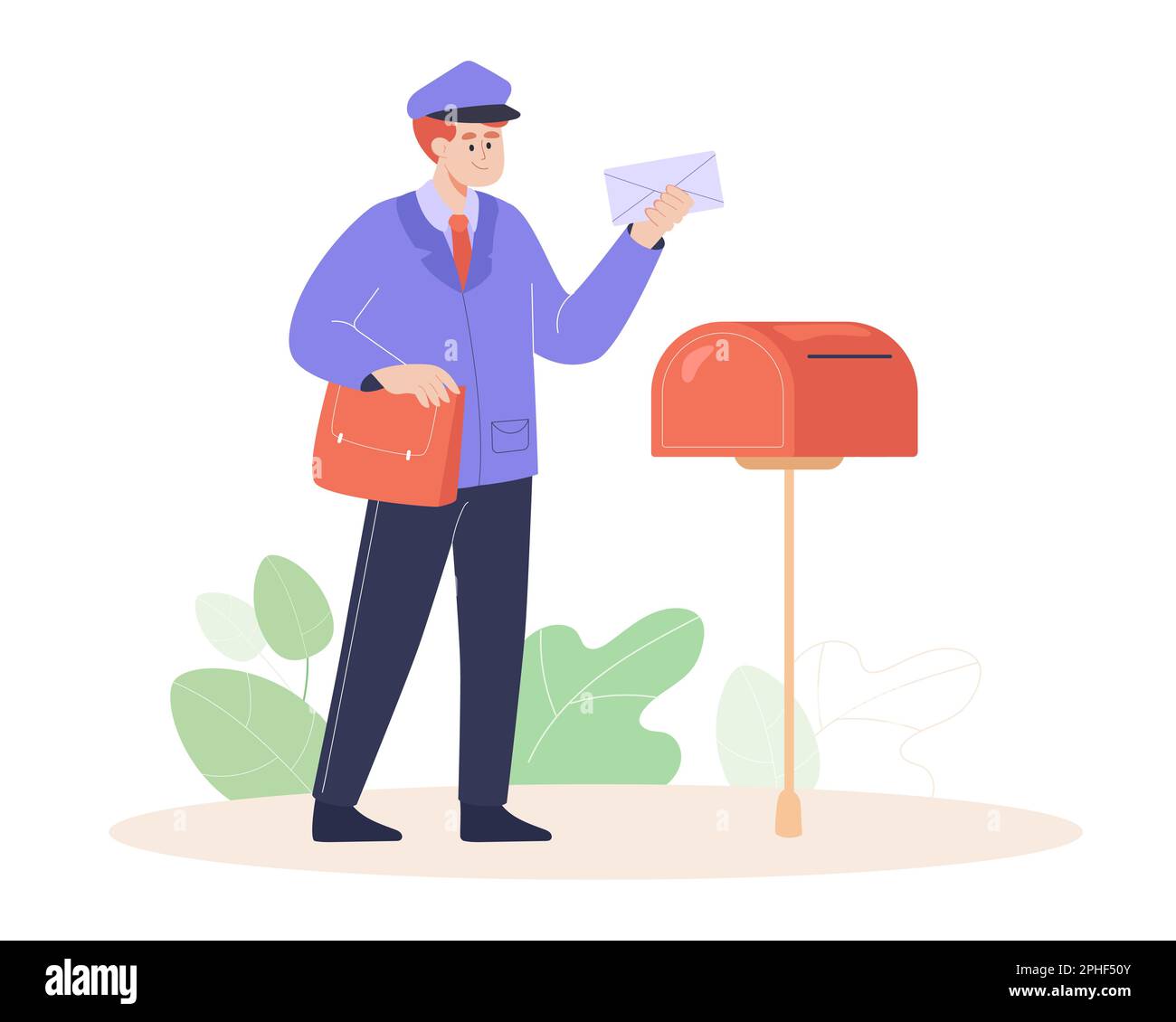 Carattere del cartone animato del postino con la lettera accanto alla casella postale Illustrazione Vettoriale