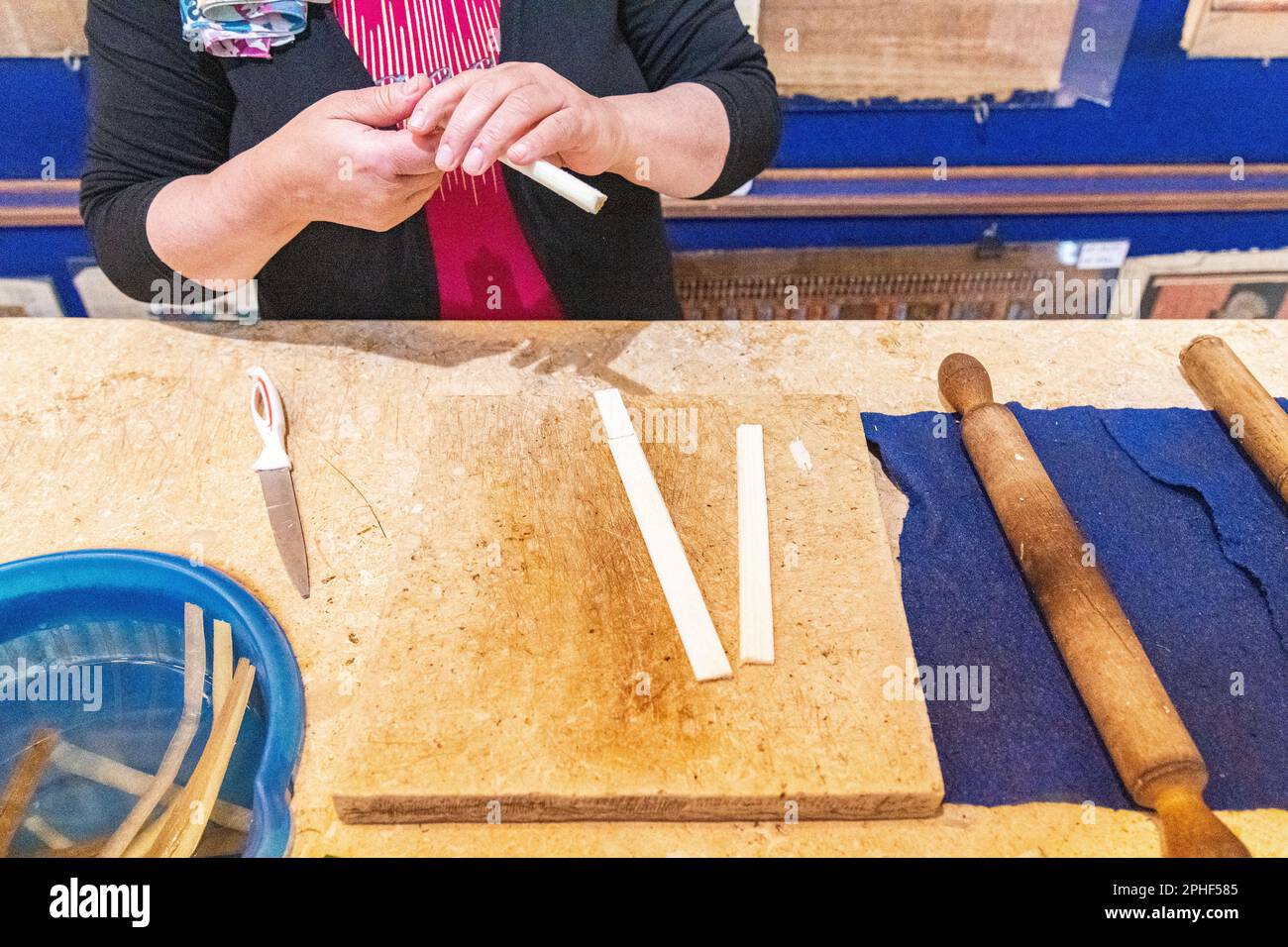 Una dimostrazione di carta di papiro prodotta da un egiziano locale a Giza, Egitto Foto Stock