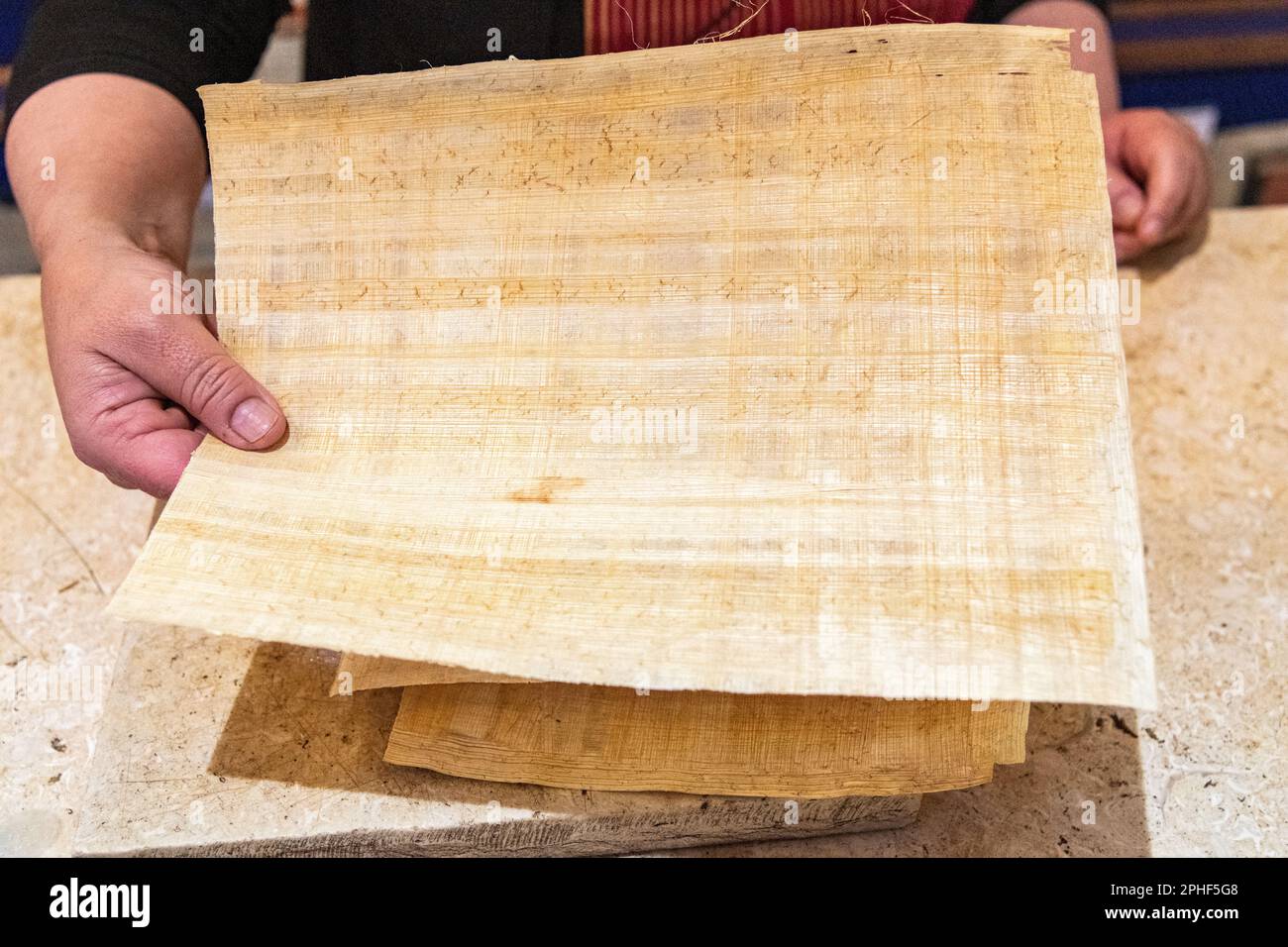 Una dimostrazione di carta di papiro prodotta da un egiziano locale a Giza, Egitto Foto Stock
