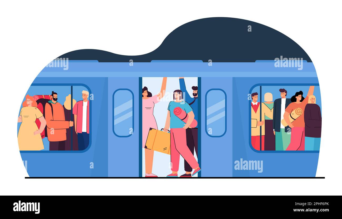 Folla di cartoni animati che si stringono a stretto in metropolitana treno Illustrazione Vettoriale