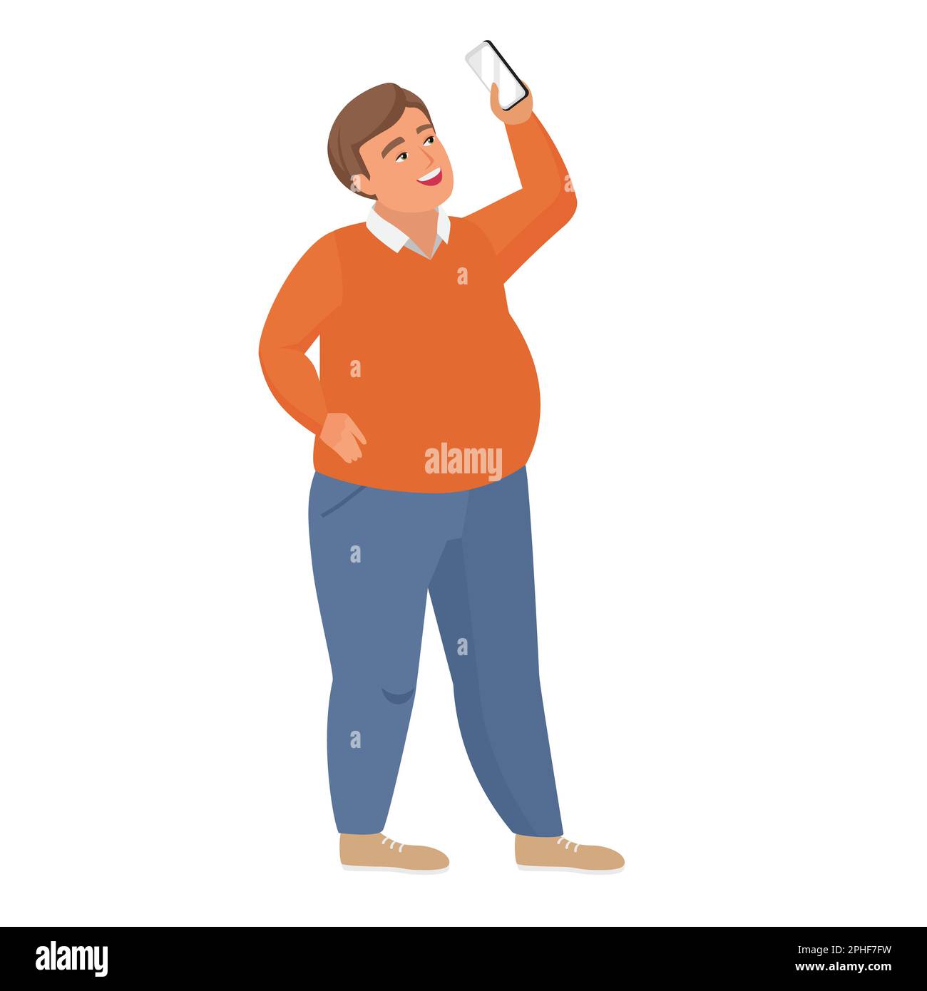Chubby ragazzo che usa lo smartphone. Uomo grasso con mobile, obese persone vettore illustrazione cartoni animati Illustrazione Vettoriale