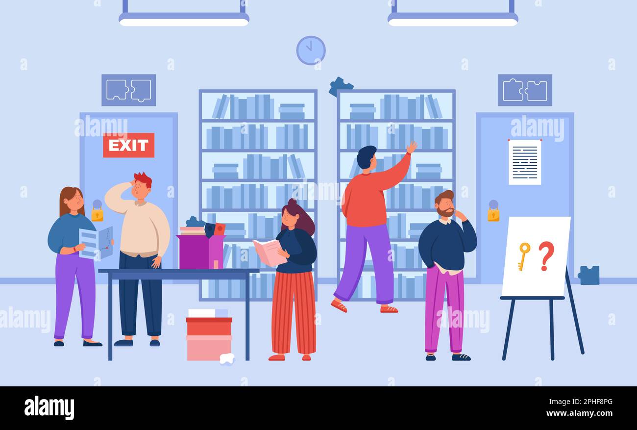 Stanza di fuga con fumetti uomini e donne che risolvono rompicapo Illustrazione Vettoriale