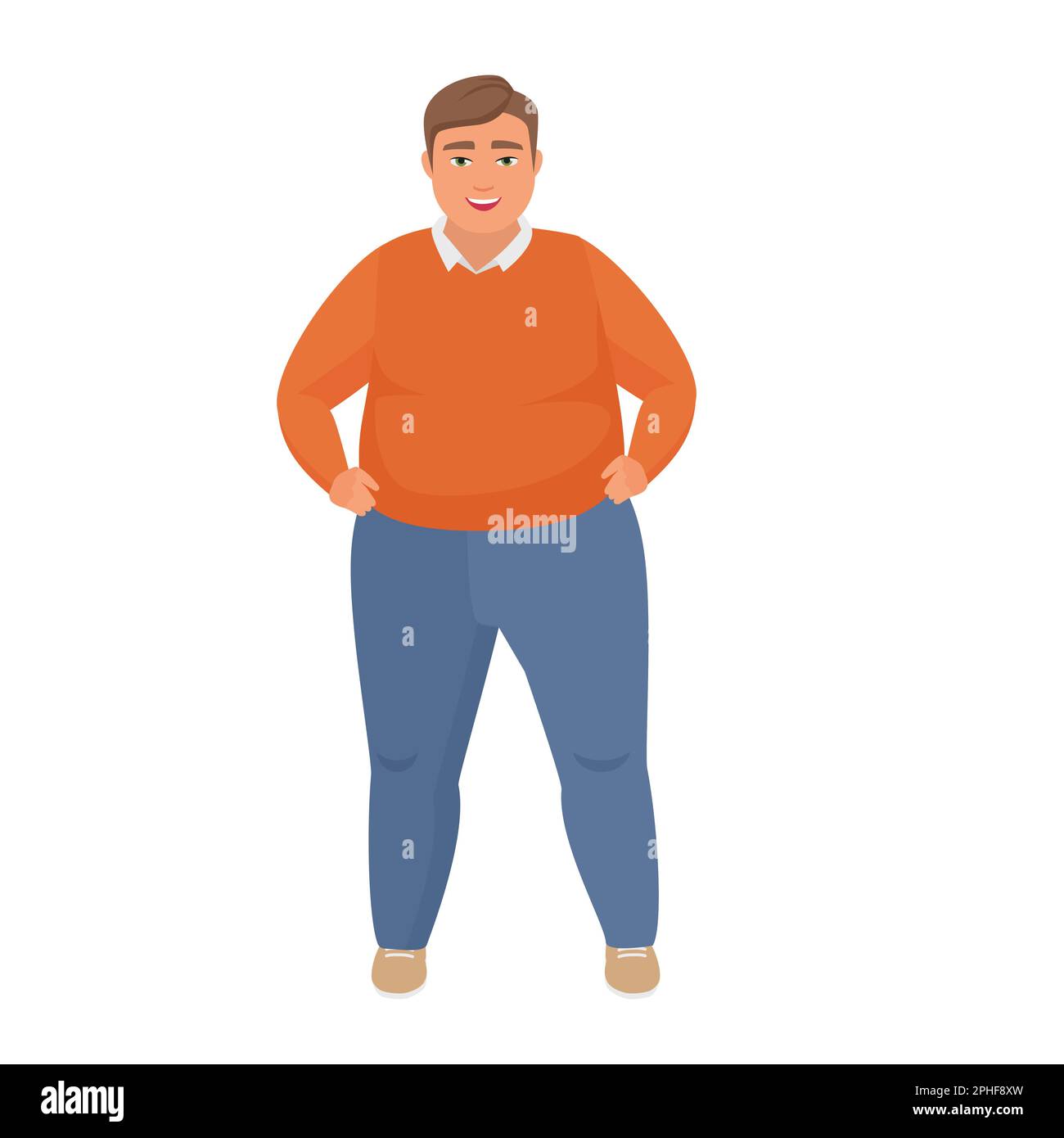 Uomo grasso sicuro. Uomo obeso serio in posizione eretta disegno vettoriale del cartone animato Illustrazione Vettoriale