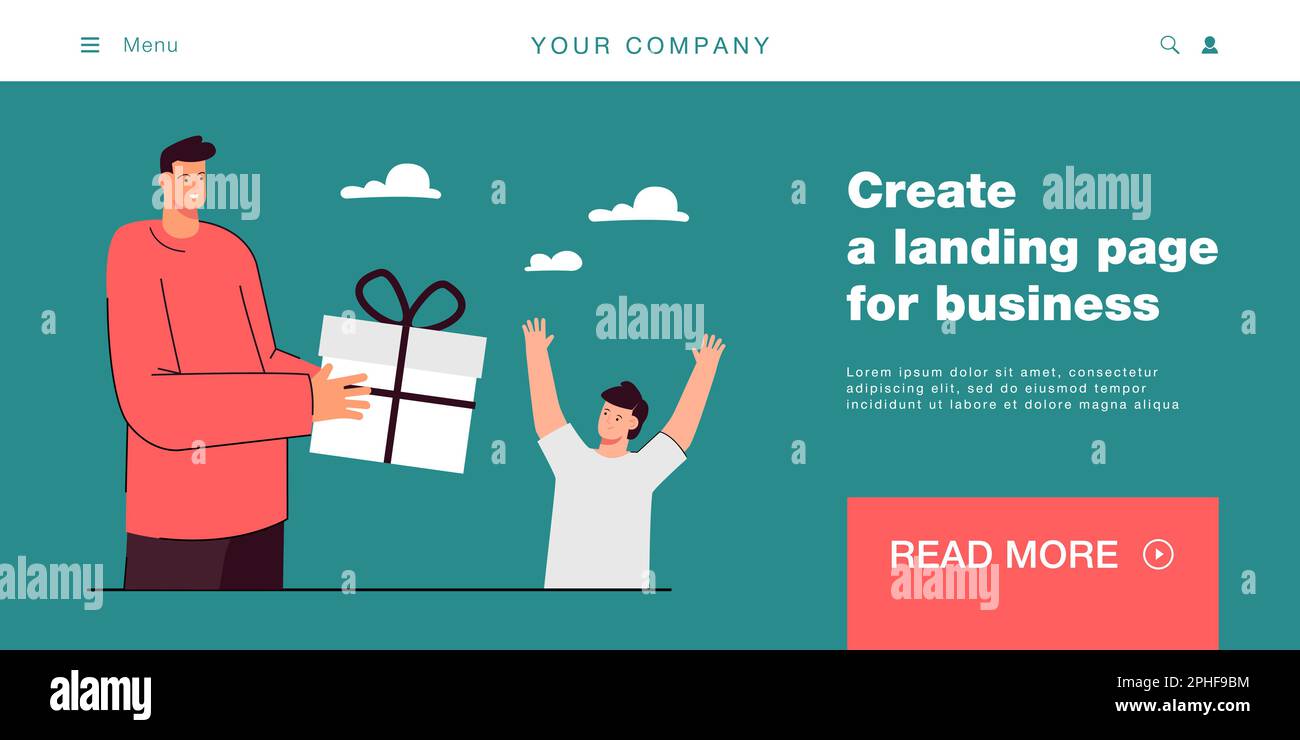 Allegro padre cartone animato che dà la scatola del regalo al figlio felice Illustrazione Vettoriale