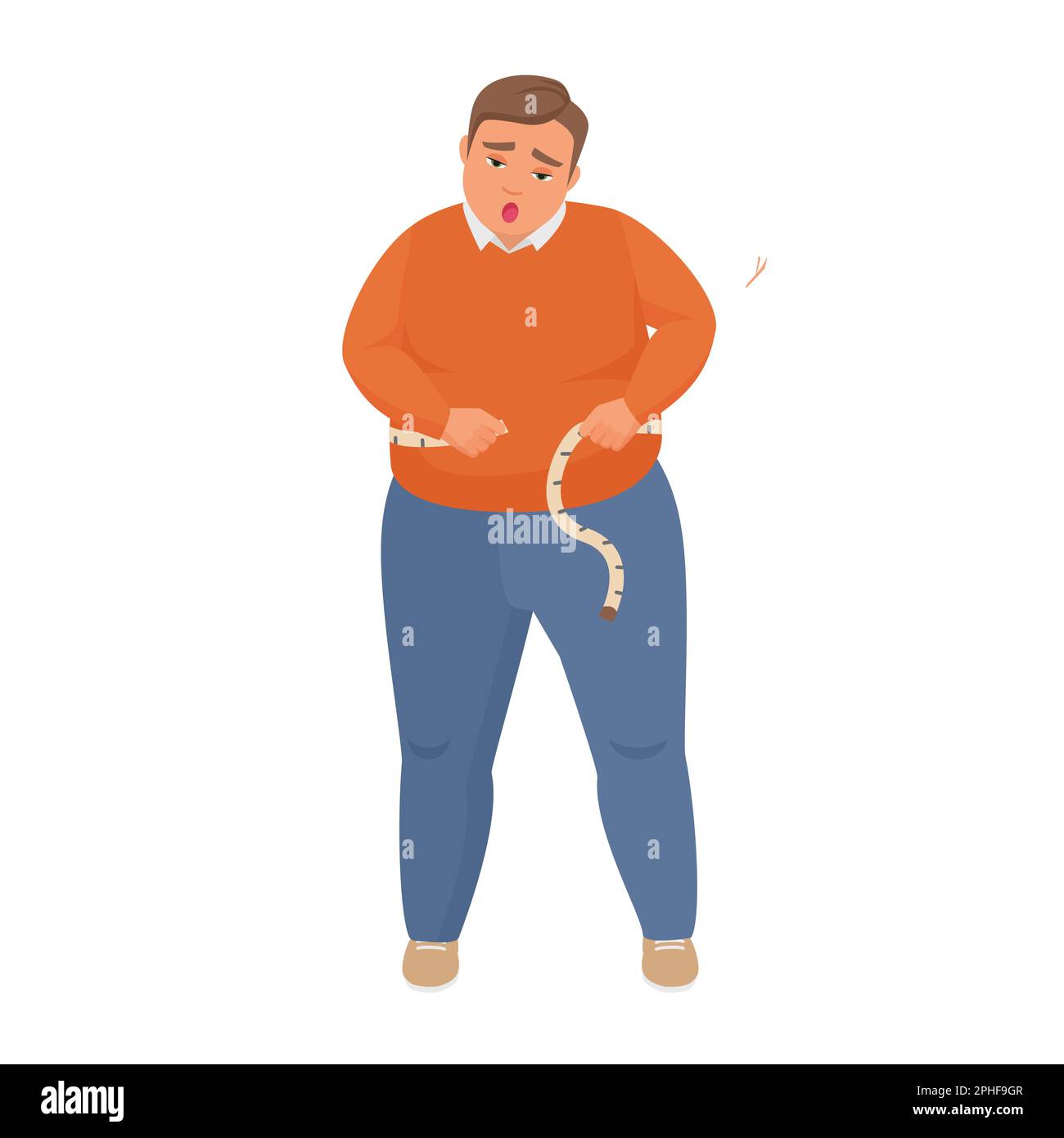 Uomo grasso che misura la vita. Obese uomo con metro a nastro, chubby ragazzo vettore cartoon illustrazione Illustrazione Vettoriale