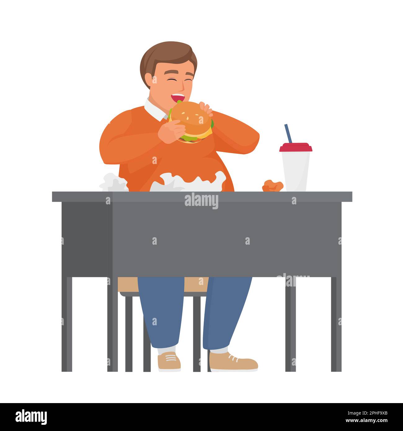 L'uomo Chubby mangia cibo spazzatura. Fast food malsano, obese ragazzo vettore illustrazione cartoni animati Illustrazione Vettoriale
