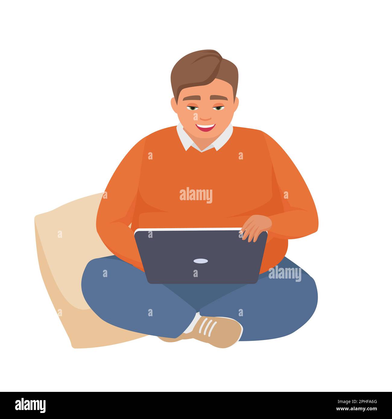 Uomo grasso che lavora sul notebook. Illustrazione del cartoon vettoriale di un dipendente freelance obese Illustrazione Vettoriale