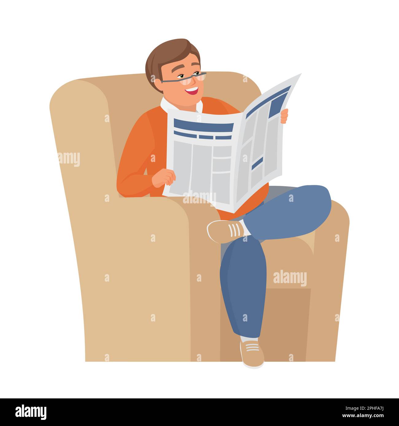 Chubby ragazzo leggere giornale. Uomo obeso seduto in poltrona vettore cartoon illustrazione Illustrazione Vettoriale