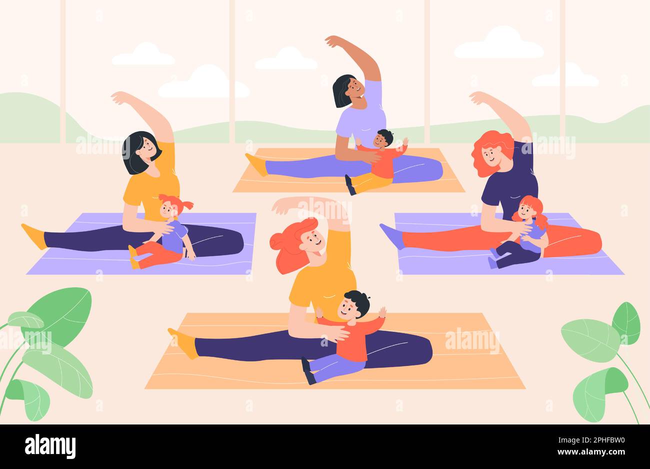Madri che fanno yoga con il bambino in studio piano vettore illustrazione Illustrazione Vettoriale