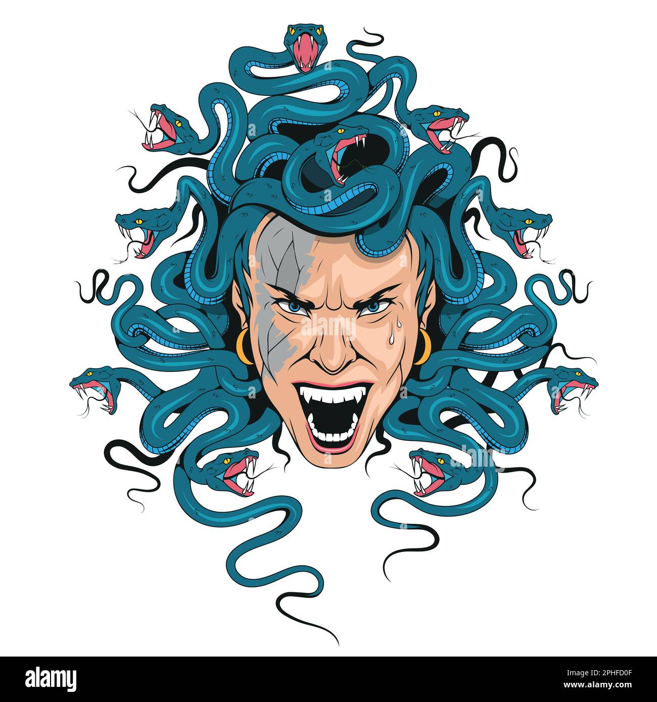 Testa di Medusa con serpenti mito greco creatura pop arte retrò vettore illustrazione. Immagine isolata su sfondo bianco. Imitazione stile fumetto. Illustrazione Vettoriale
