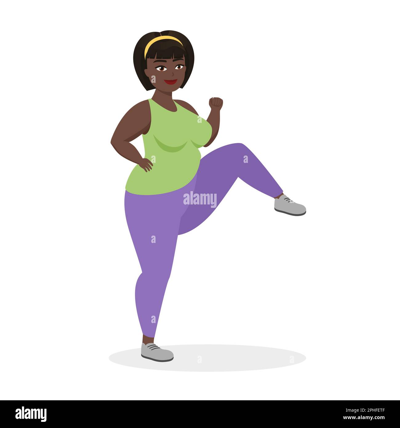 Formazione di donna grassa. Programma di perdita di peso sportivo per disegno vettoriale lady obese Illustrazione Vettoriale