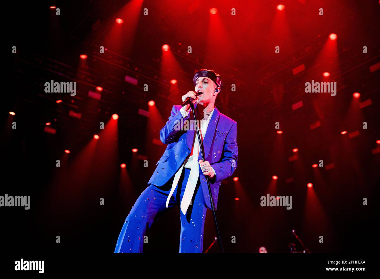 Roma, Italia. 26th Mar, 2023. Maneskin, la più famosa giovane rock band italiana, vincitrice dell'Eurovision Song Contest 2021 per l'Italia con "Zitti e buoni" nella loro prima mostra a Roma per Loud Kids Tour. (Foto di Stefano Cappa/Pacific Press/Sipa USA) Credit: Sipa USA/Alamy Live News Foto Stock