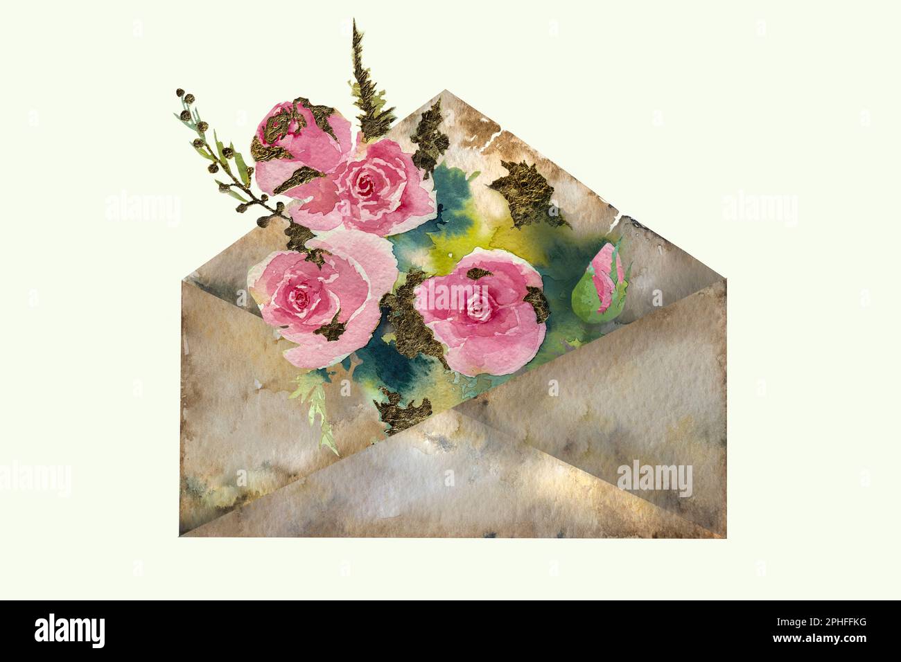 Busta con illustrazione acquerello fiori. Acquerello disegno di una busta con rose su sfondo bianco. Disegno di una cartolina o di un invito Foto Stock