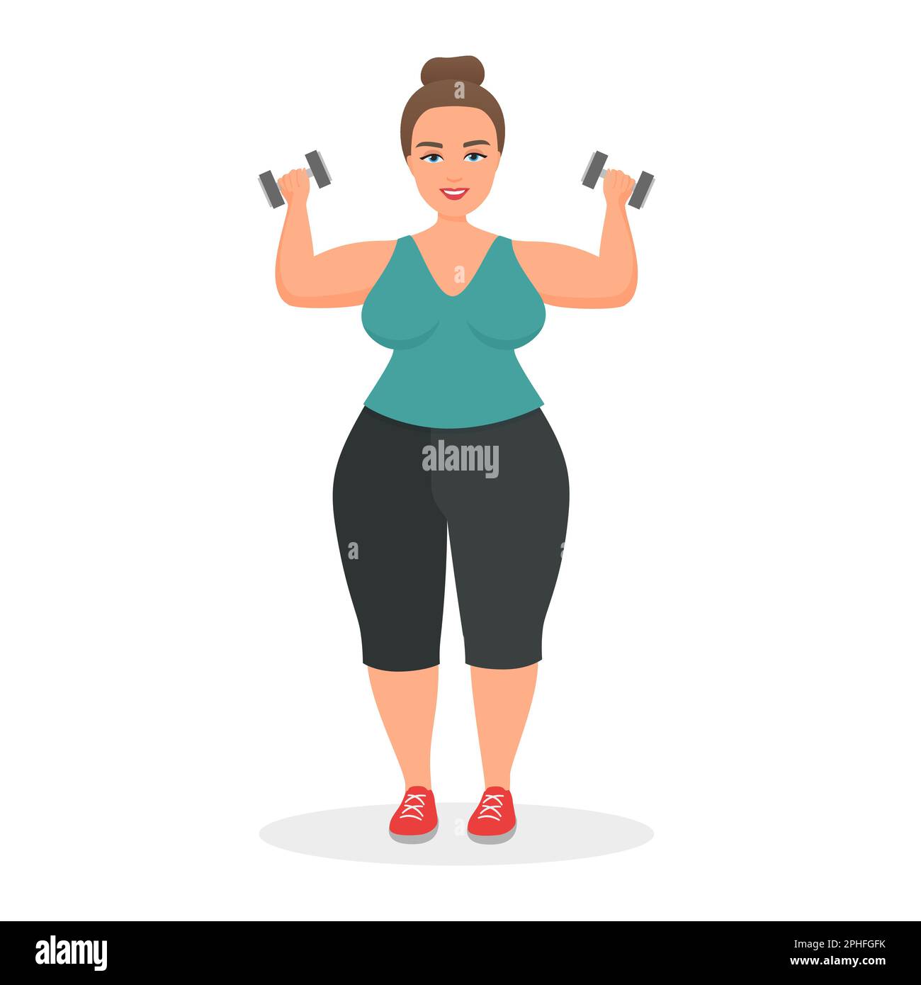 Donna grassa che esercita. Donna obesa fare sport, perdita di peso programma vettore illustrazione cartoon Illustrazione Vettoriale