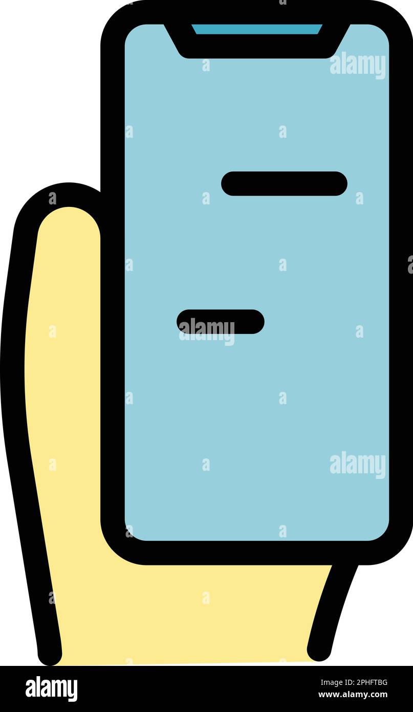 Utilizzo del vettore di contorno delle icone del telefono android. Mobile a mano. Mantenendo lo smartphone in piano Illustrazione Vettoriale