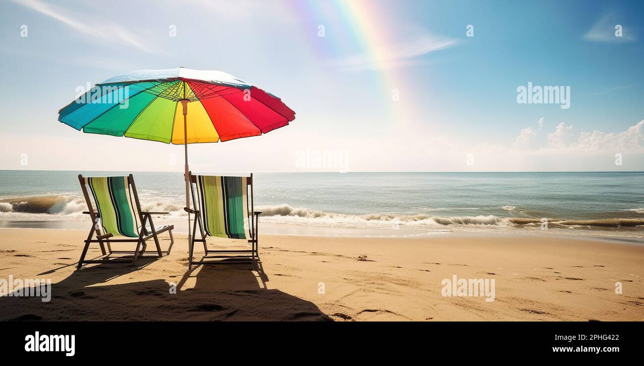 Bella spiaggia banner. Incredibile paesaggio della spiaggia. Sabbia bianca, sedie e ombrellone viaggio turismo ampio panorama background concetto Foto Stock