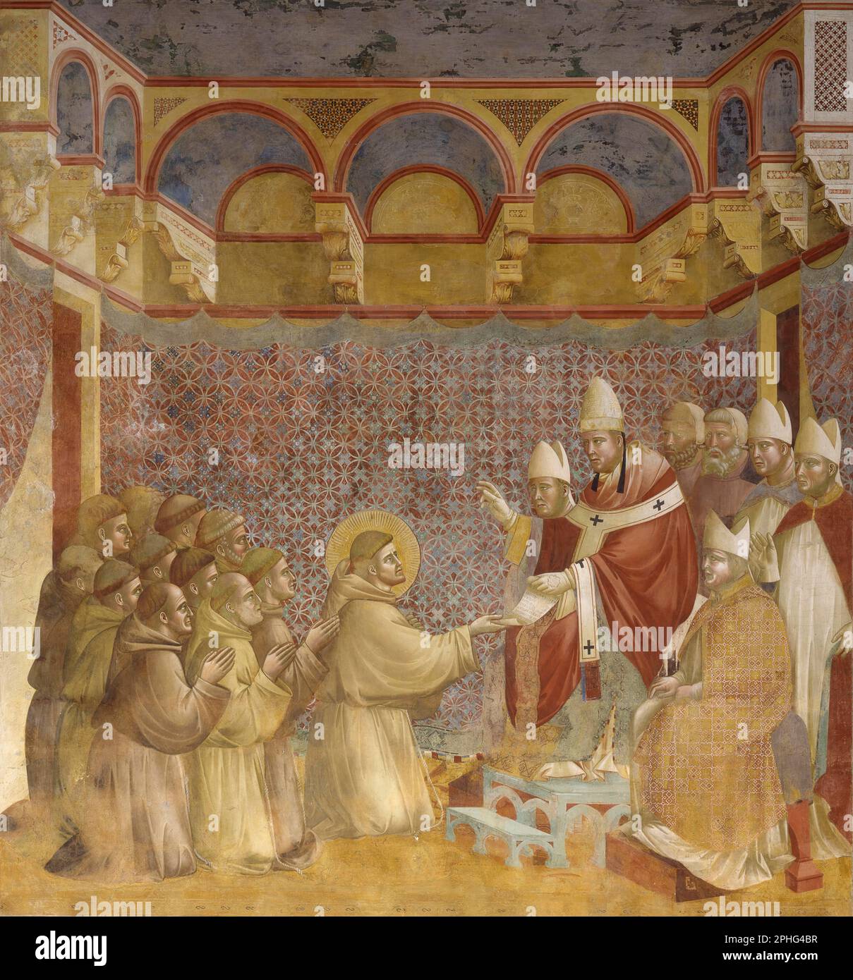 Giotto di Bondone/fresco, Basilica di San Francesco d'Assisi, Assisi, Italia. Leggenda di San Francesco, Conferma della regola dell'Ordine di San Francesco, 1297 - 1299 ,270 x 230 cm. Foto Stock