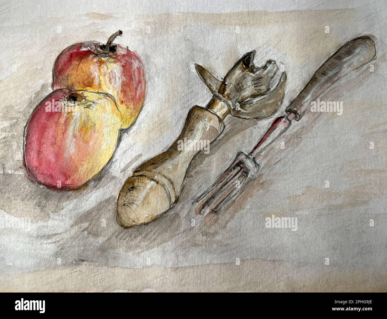 pittura di due mele vintage bullhead lattina apribottiglie e vintage pickle fork Foto Stock