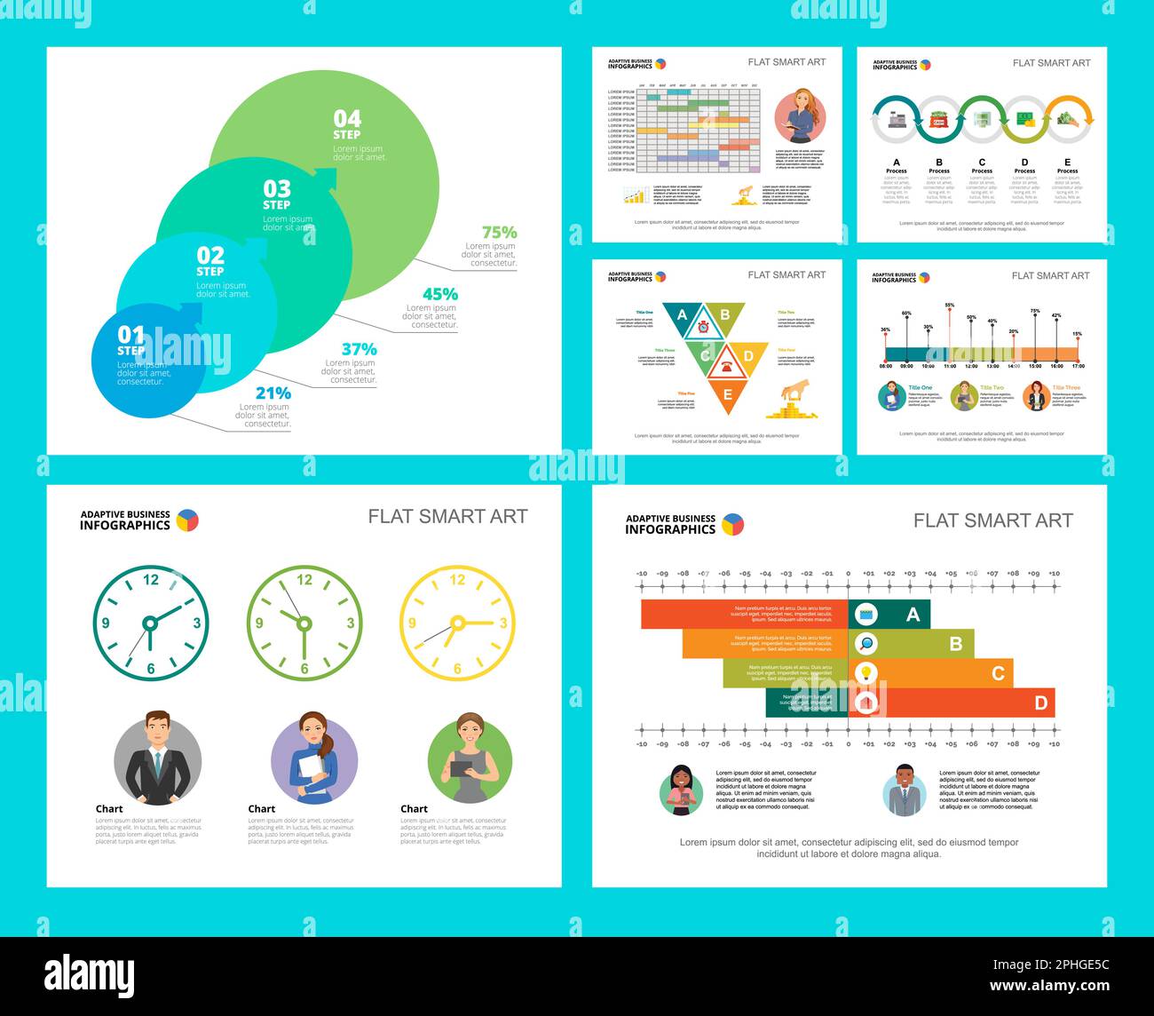 Set di grafici infografici colorati per strategia o concetto logistico Illustrazione Vettoriale