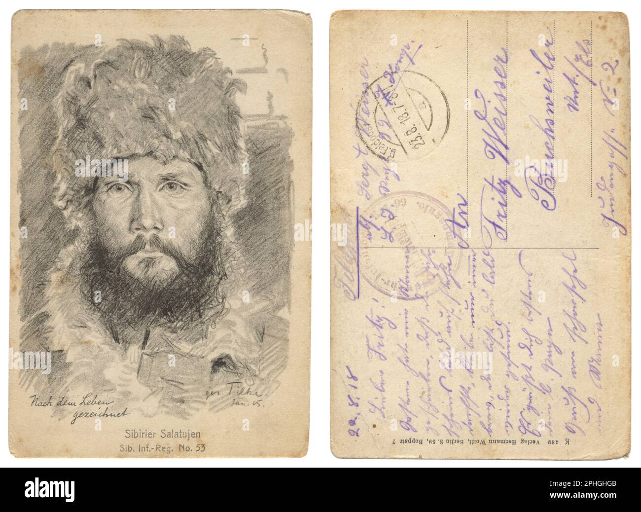 Cartolina storica tedesca: Ritratto di un soldato russo con barba folta e baffi in un cappello di pelliccia del 53rd reggimento di fanteria siberiana, 1915 Foto Stock
