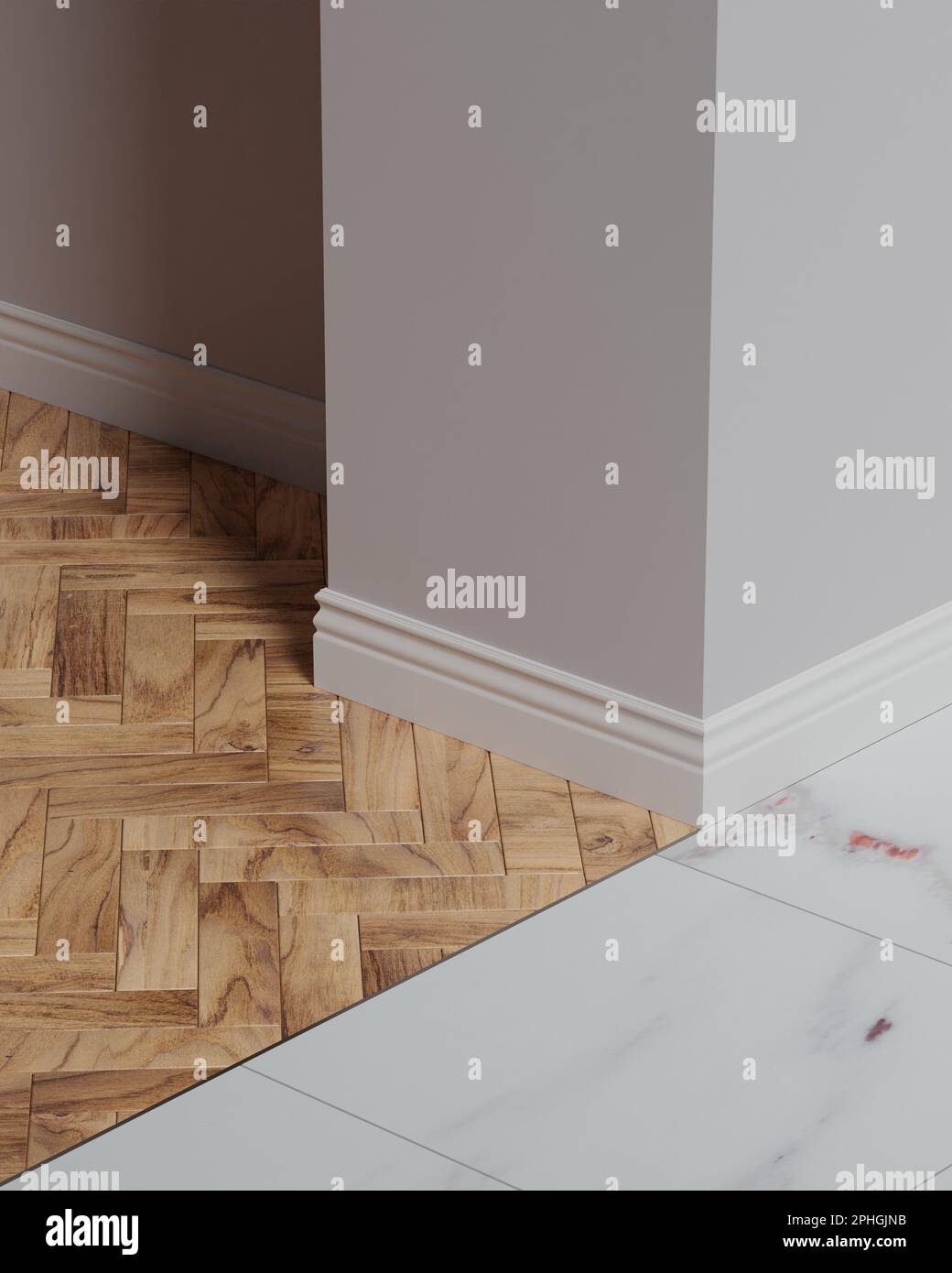 La giunzione di un pavimento in legno di parquet e gres porcellanato senza soglia, una giunzione liscia di due rivestimenti in un unico livello. Conn. Alluminio Foto Stock