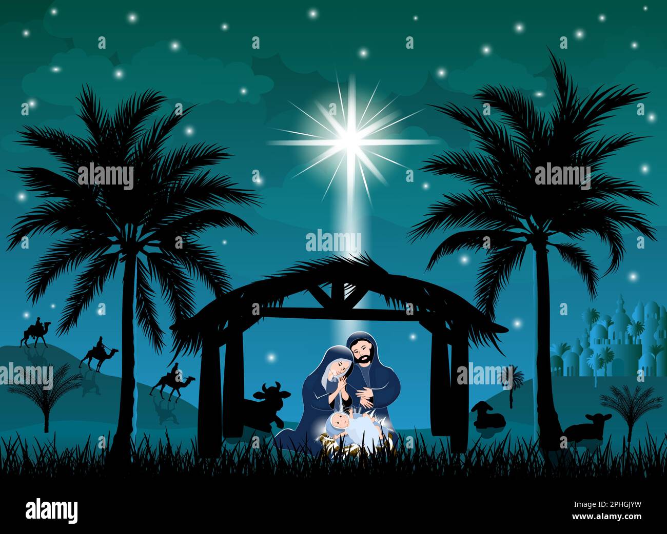 Scena della Natività di Gesù Cristo. Natale. La Vergine Maria e Giuseppe si chinò sulla mangiatoia con il bambino. Notte di Natale. La stella di Natale s Illustrazione Vettoriale