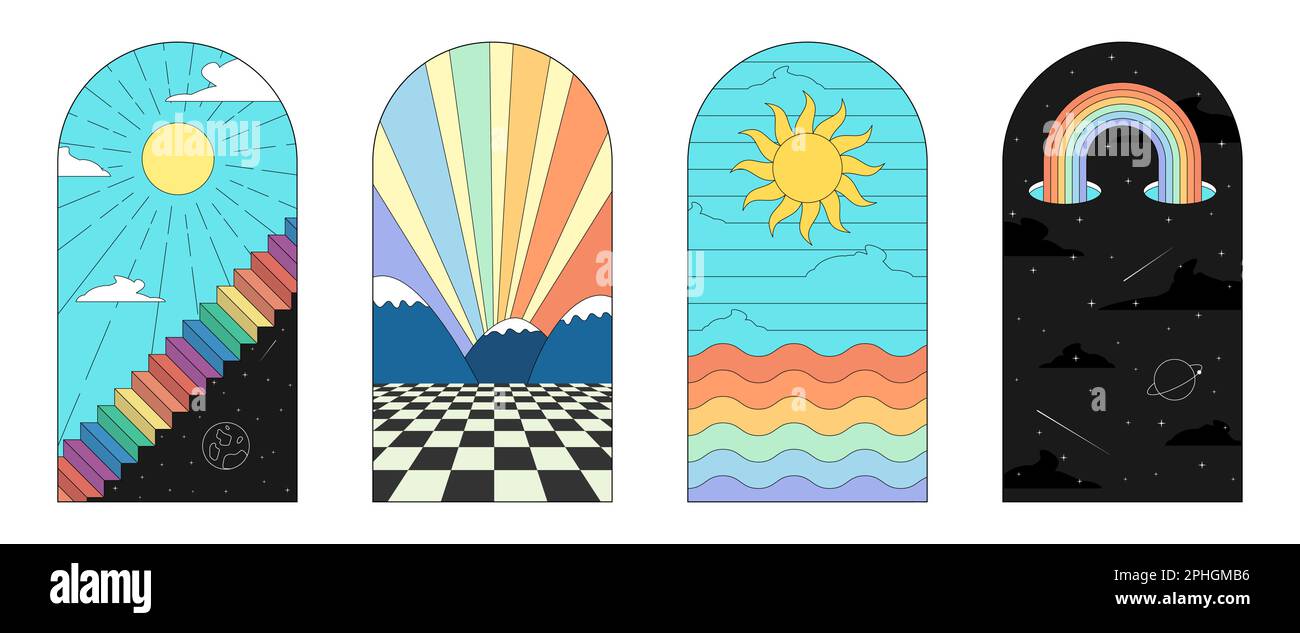 Set di finestre ad arco retro groovy. Boho stile hippie collezione di poster d'arte. Finestre grafiche ad arco psichedeliche con elementi astratti. Stampe vintage con sole, cielo notturno e paesaggio. Design Y2K alla moda Illustrazione Vettoriale