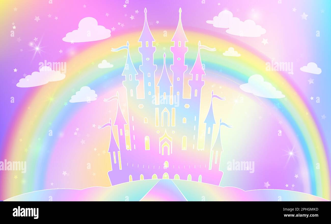 Silhouette di un castello magico sullo sfondo di un cielo arcobaleno con stelle. Illustrazione del palazzo della principessa. Immagine vettoriale. Illustrazione Vettoriale