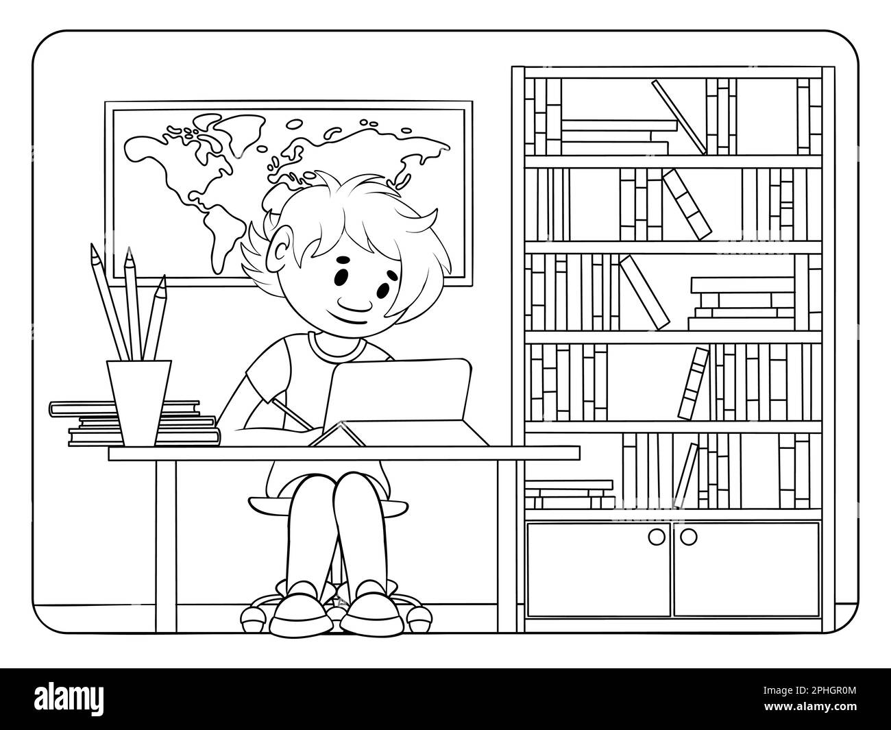Home formazione colorazione pagina. Ragazzo studio a casa. Antistress per adulti e bambini. Illustrazione Vettoriale