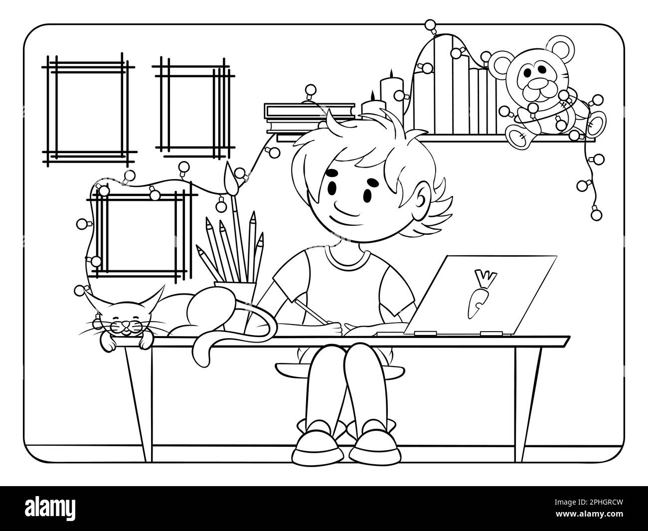 Home formazione colorazione pagina. Ragazzo studio a casa. Antistress per adulti e bambini. Illustrazione Vettoriale
