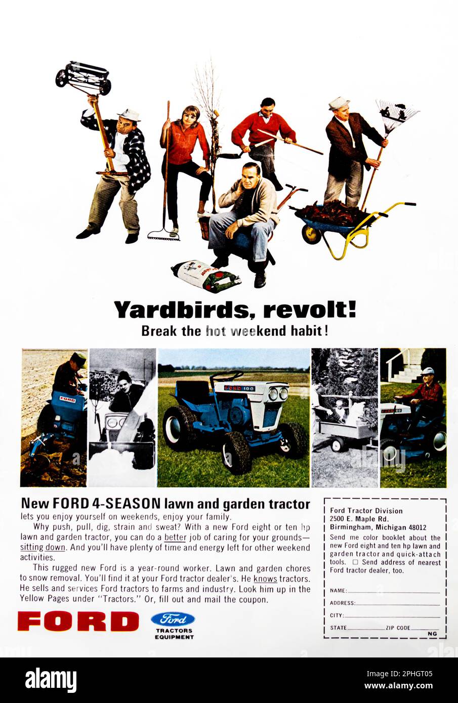 Ford 4-stagione prato e trattore da giardino spot in una rivista NatGeo, marzo 1966 Foto Stock