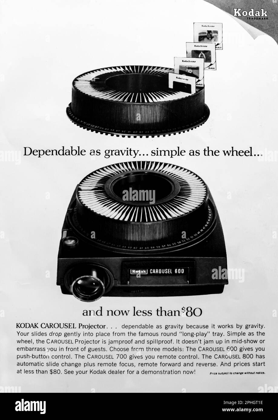 Spot di Kodak Carousel Projector su una rivista NatGeo, marzo 1966 Foto Stock