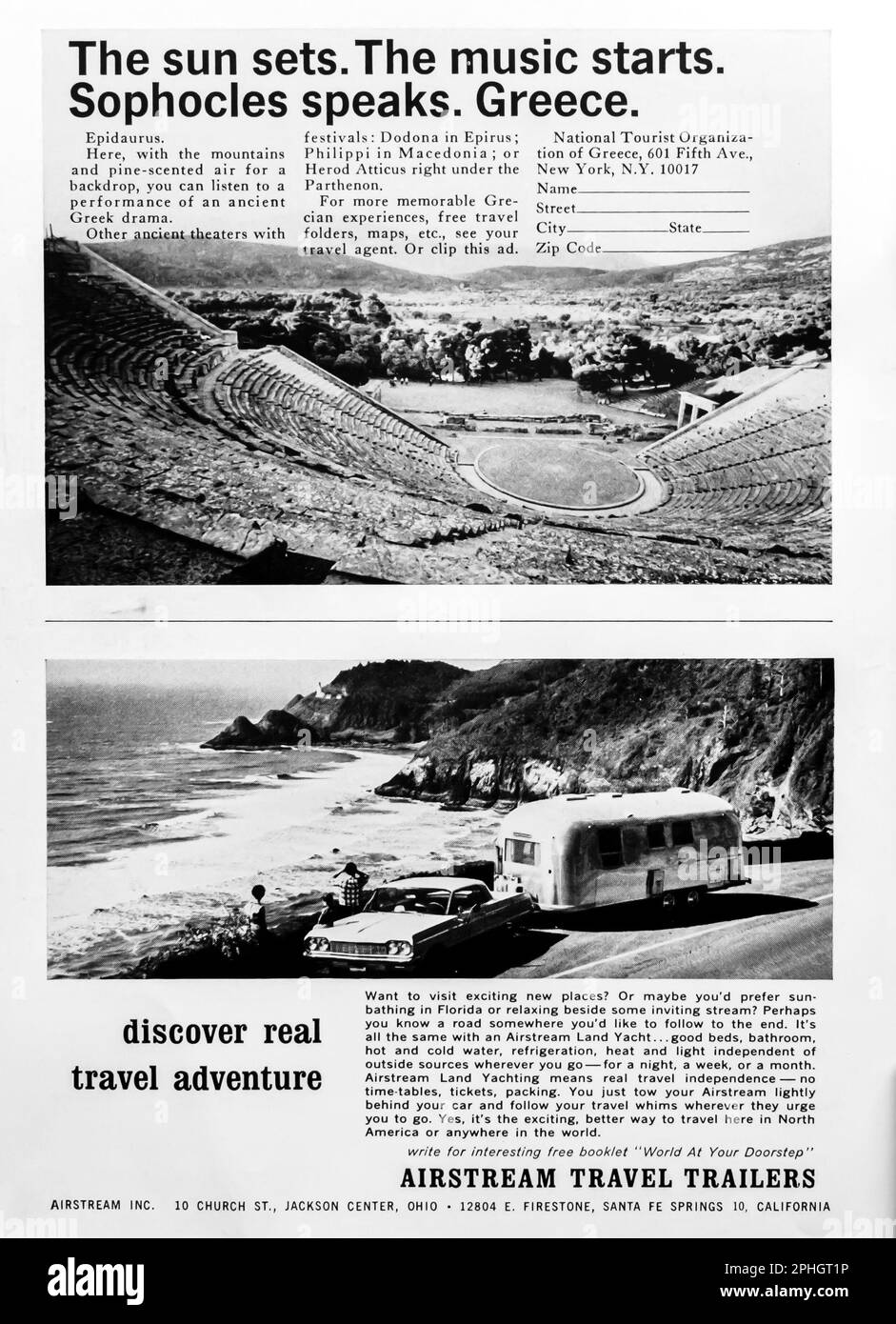 Pubblicità di rimorchi di viaggio di Airstream in una rivista NatGeo, marzo 1966 Foto Stock