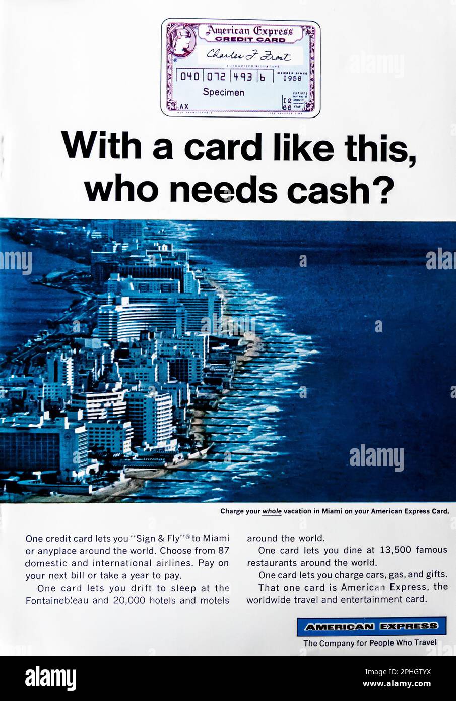 Pubblicità con carta di credito American Express in una rivista NatGeo, settembre 1966 Foto Stock
