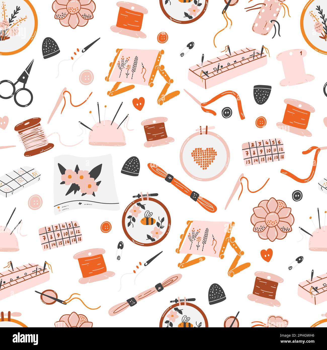 Modello senza cuciture con utensili ad ago come forbici, aghi, fili, cerchi, filo interdentale, organizzatori, bobine. Concetto di cucito, ricamo, artigianato Illustrazione Vettoriale