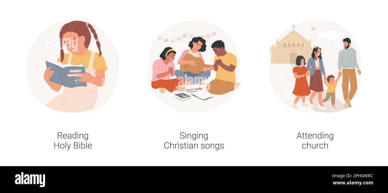 Istruzione cristiana isolato cartone animato vettore illustrazione set. Ragazza cristiana che legge la Sacra Bibbia da sola, gruppo di adolescenti diversi cantando canzoni religiose, bambini che frequentano la chiesa vettore cartoon. Illustrazione Vettoriale