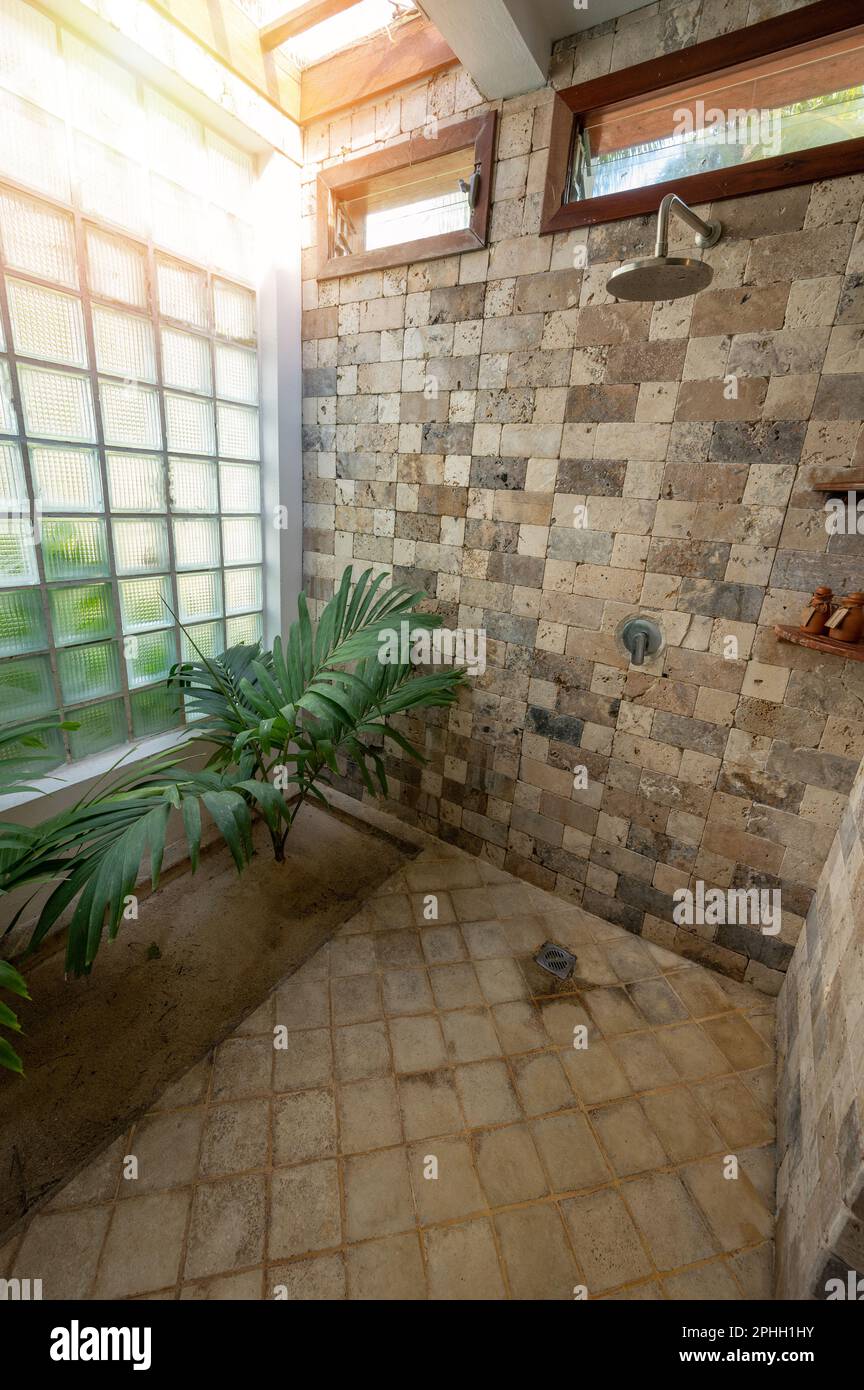 Bagno con finestra e muro di pietra marrone, piante all'interno Foto Stock