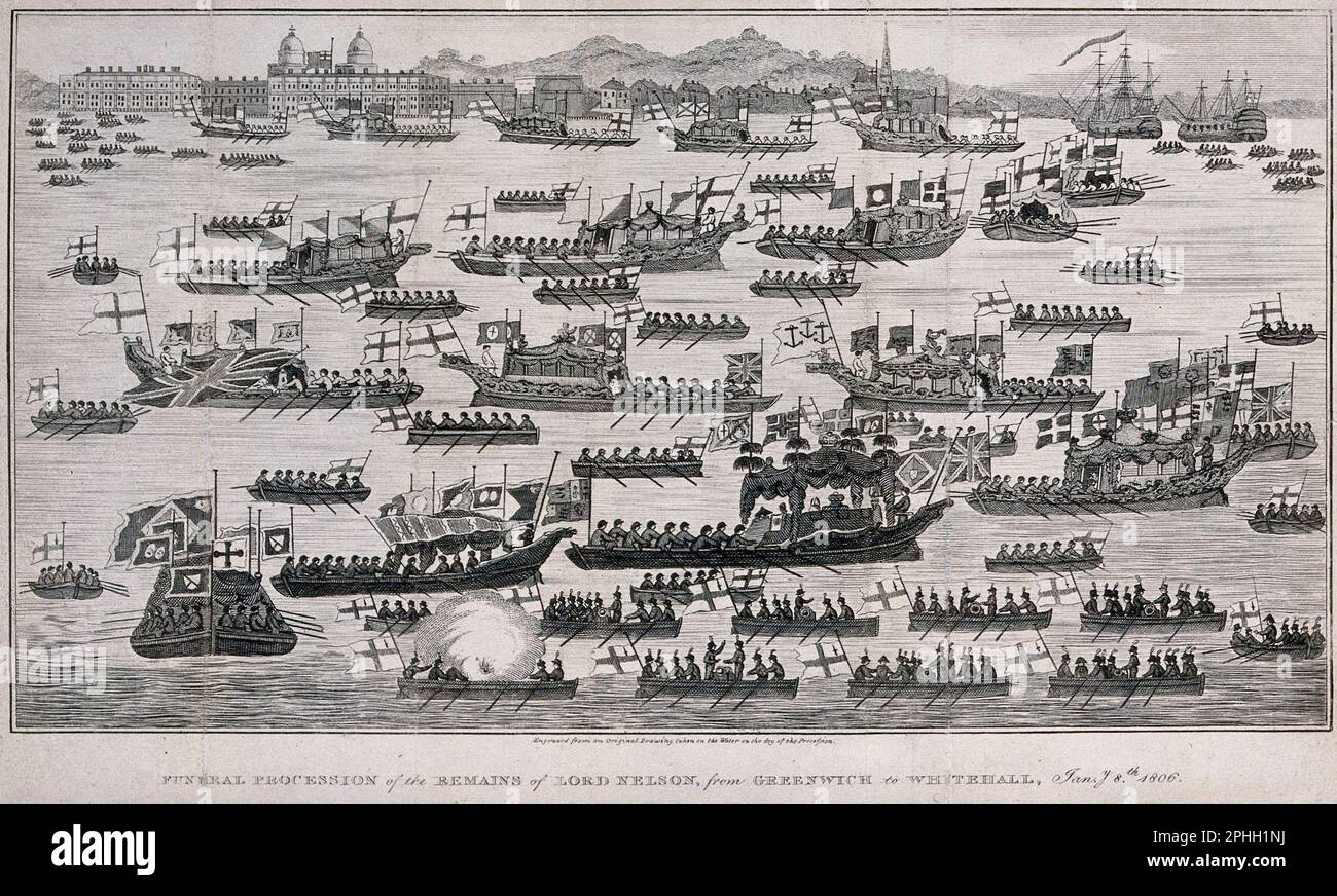 Processione funebre di Horatio Lord Nelson, da Greenwich a Whitehall nel 1806, incisione vintage 1806 Foto Stock