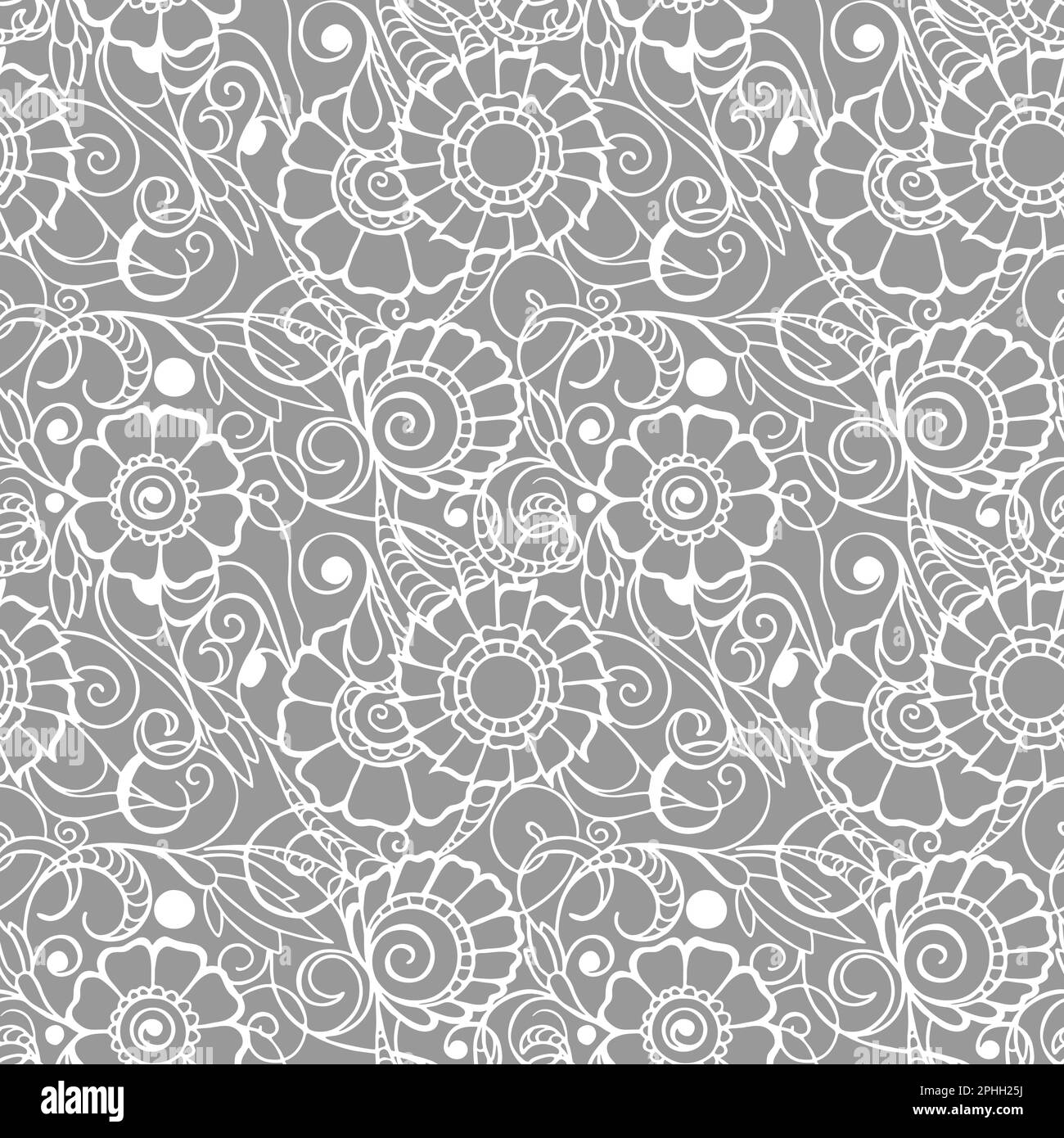 motivo senza cuciture di contorni bianchi di fiori su uno sfondo grigio, texture, design Foto Stock