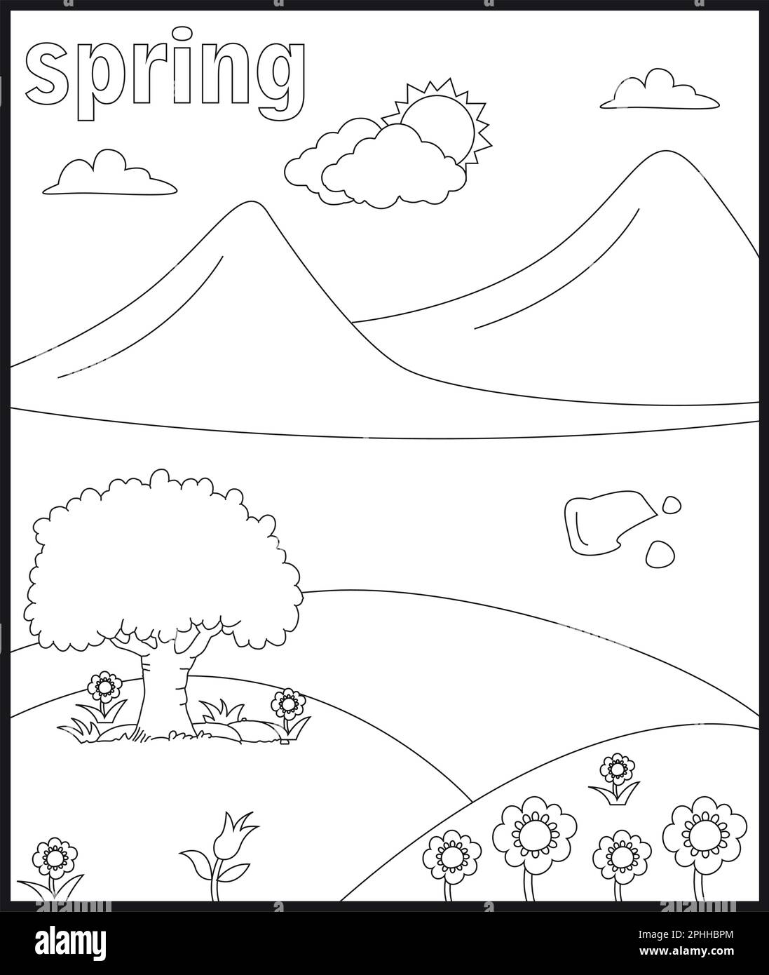 scena primaverile per colorare, attività per bambini, didattica, line art Illustrazione Vettoriale