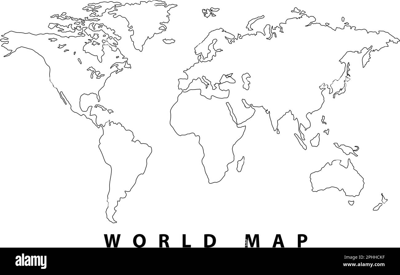 Mappa del mondo, semplice silhouette stilizzata disegnata a mano con linea minimale, contorno sottile, illustrazione vettoriale della forma Illustrazione Vettoriale